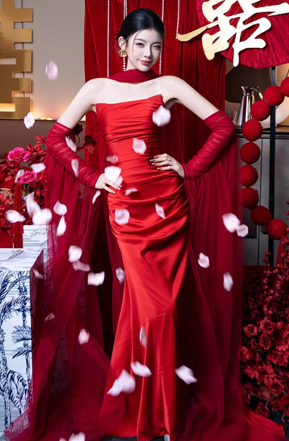 Novelty Strapless Satin Fabric Evening Dress Mesh Trimmed Sleeve Bodycon Prom Dress AP0847