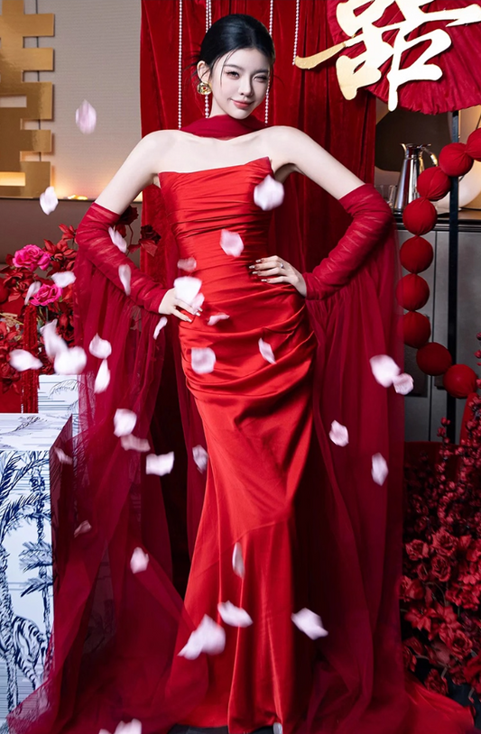 Novelty Strapless Satin Fabric Evening Dress Mesh Trimmed Sleeve Bodycon Prom Dress AP0847