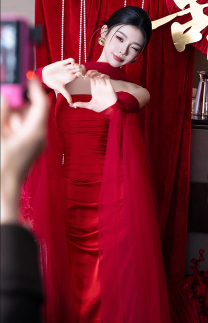 Novelty Strapless Satin Fabric Evening Dress Mesh Trimmed Sleeve Bodycon Prom Dress AP0847