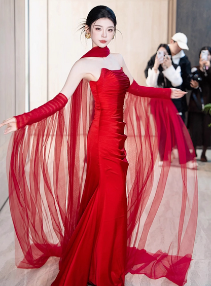 Novelty Strapless Satin Fabric Evening Dress Mesh Trimmed Sleeve Bodycon Prom Dress AP0847