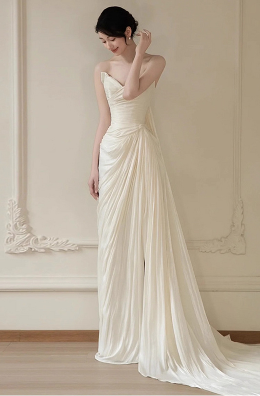 Asymmetric Drape and High Slit Satin Fabric Evening Dress Pleated Strapless Prom Dress AP0849