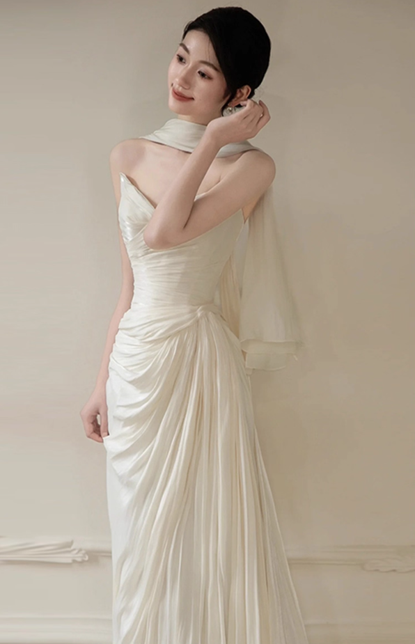 Asymmetric Drape and High Slit Satin Fabric Evening Dress Pleated Strapless Prom Dress AP0849