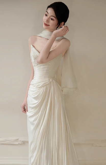 Asymmetric Drape and High Slit Satin Fabric Evening Dress Pleated Strapless Prom Dress AP0849