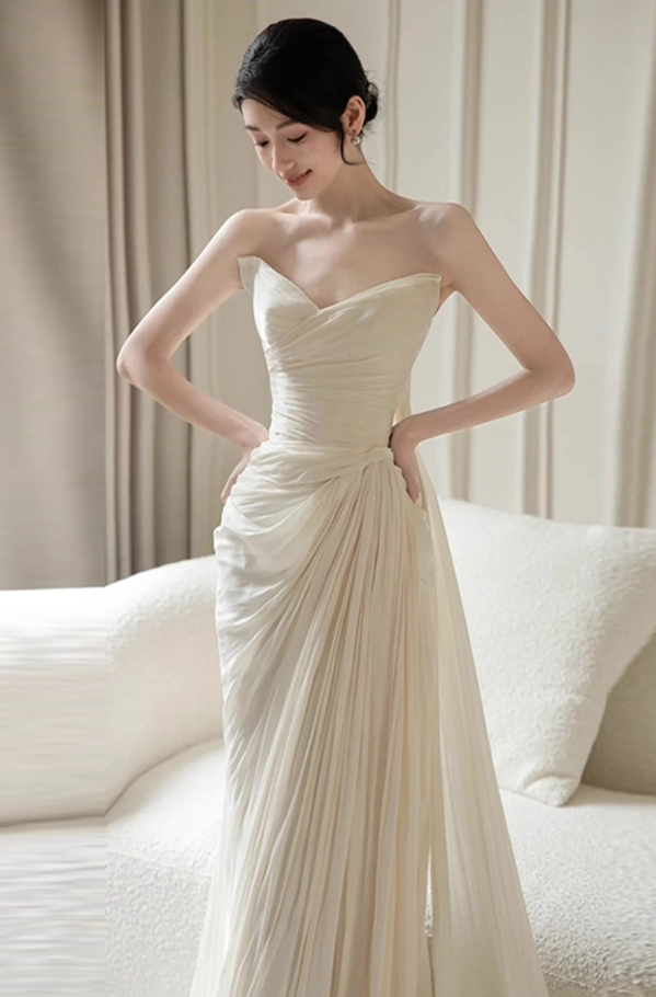 Asymmetric Drape and High Slit Satin Fabric Evening Dress Pleated Strapless Prom Dress AP0849
