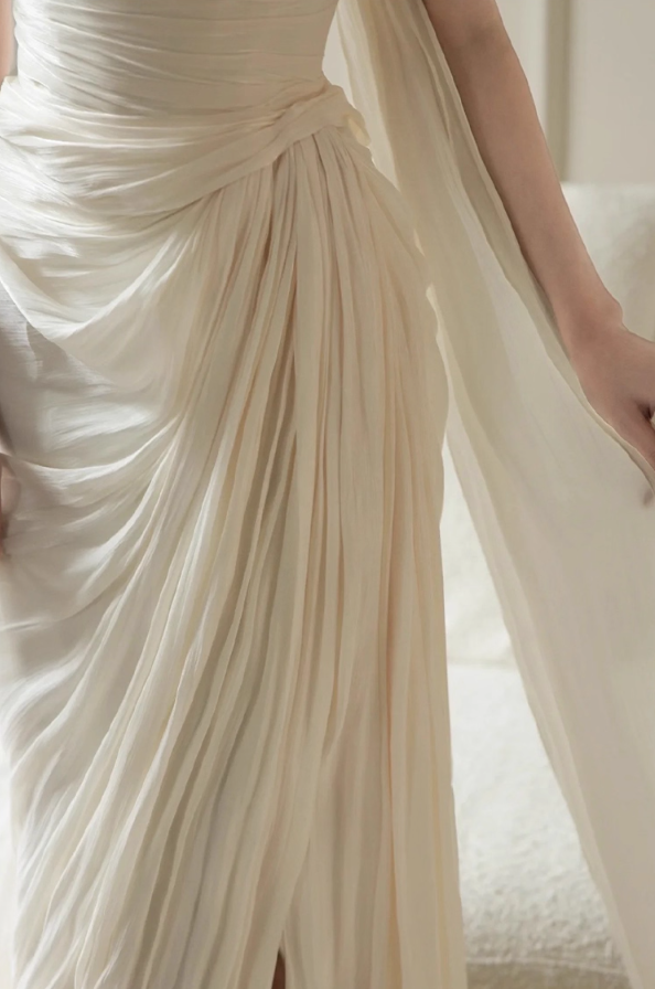 Asymmetric Drape and High Slit Satin Fabric Evening Dress Pleated Strapless Prom Dress AP0849