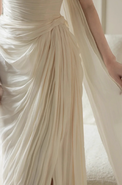 Asymmetric Drape and High Slit Satin Fabric Evening Dress Pleated Strapless Prom Dress AP0849