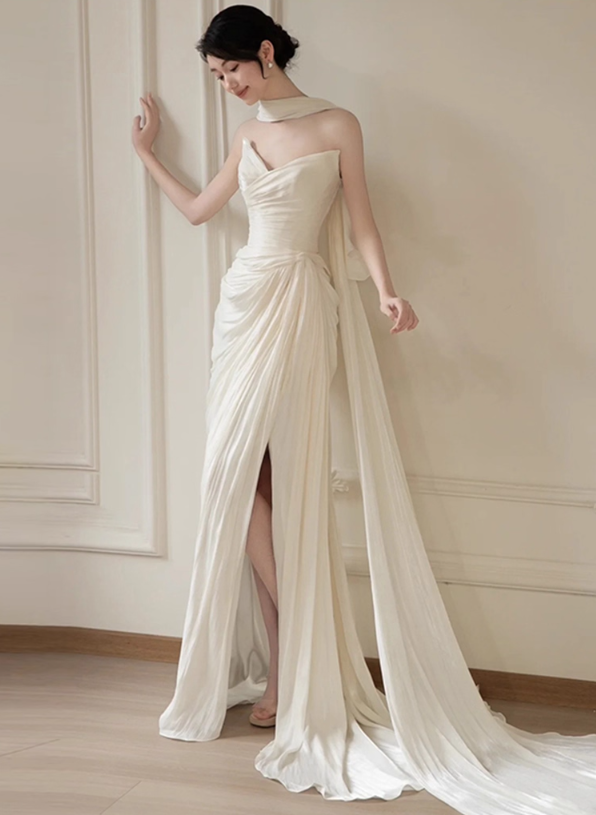 Asymmetric Drape and High Slit Satin Fabric Evening Dress Pleated Strapless Prom Dress AP0849