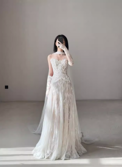 Dreamy French Style Flowy Engagement Dress Tulle Layered Cinched-Waist Wedding Dress AP0850