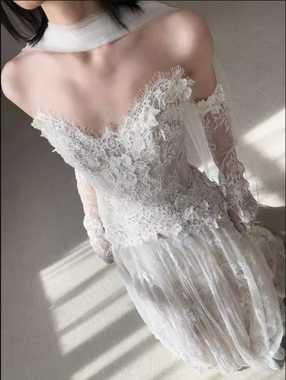 Dreamy French Style Flowy Engagement Dress Tulle Layered Cinched-Waist Wedding Dress AP0850