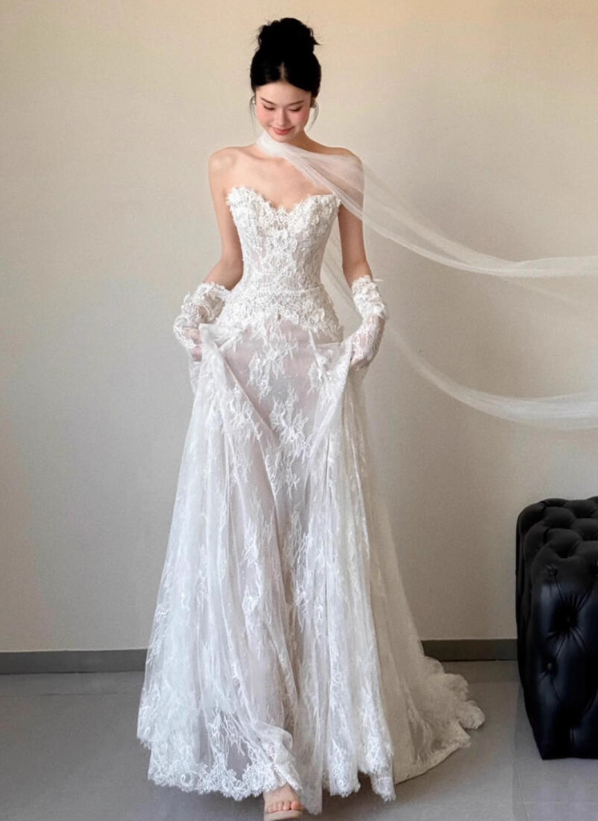 Dreamy French Style Flowy Engagement Dress Tulle Layered Cinched-Waist Wedding Dress AP0850