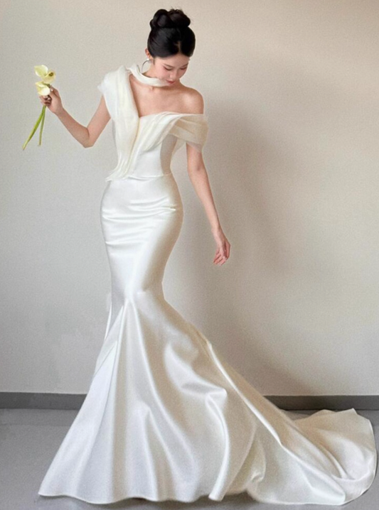 Elegant Asymmetric Neckline Evening Mermaid Off-Shoulder Minimalism Satin Fabric Prom Dress AP0851