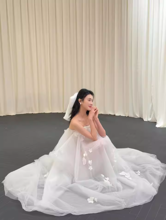 Dreamy Applique Tulle Cascade Maxi Dress Loose Style Strapless Bow-Knot Wedding Dress AP0852