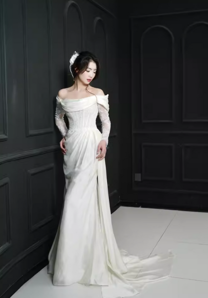 Dreamy Satin Lace Sleeve Mermaid Dress Applique Beading Off-Shoulder Sheath Prom Dress AP0853