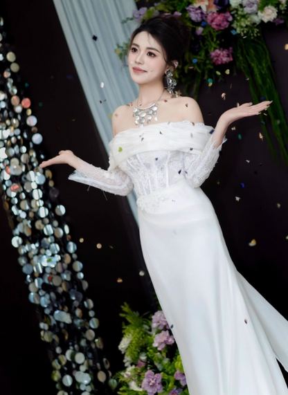 Dreamy Satin Lace Sleeve Mermaid Dress Applique Beading Off-Shoulder Sheath Prom Dress AP0853