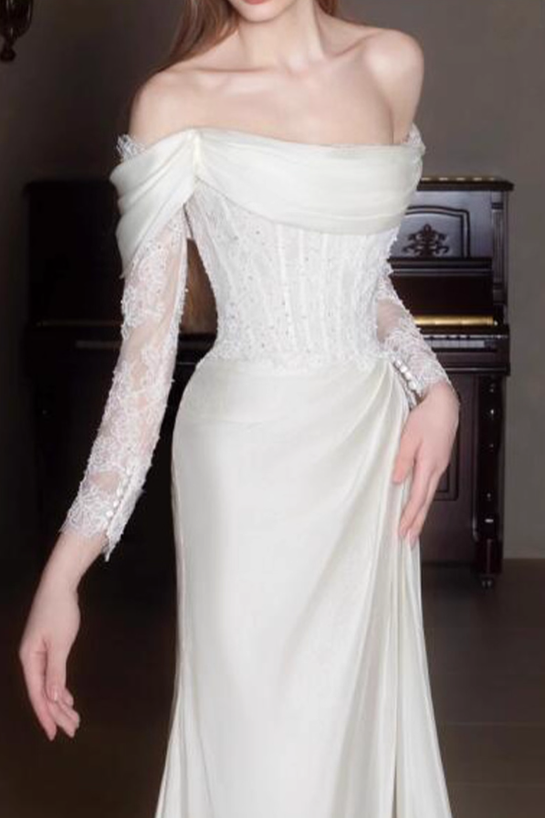 Dreamy Satin Lace Sleeve Mermaid Dress Applique Beading Off-Shoulder Sheath Prom Dress AP0853