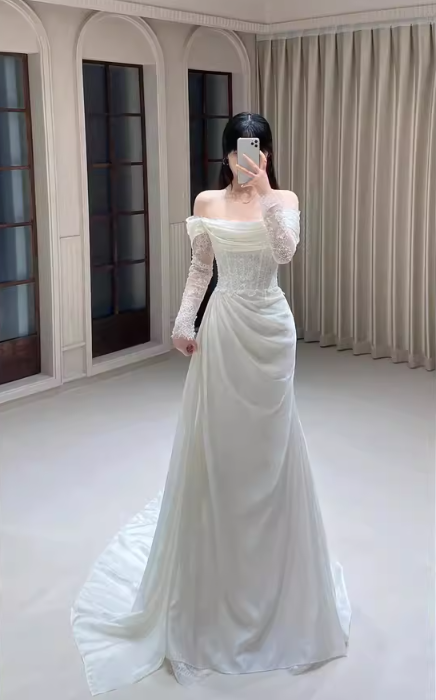 Dreamy Off-Shoulder Satin Bridal Dress Lace Sleeve Sequins Wedding Dress AP0853