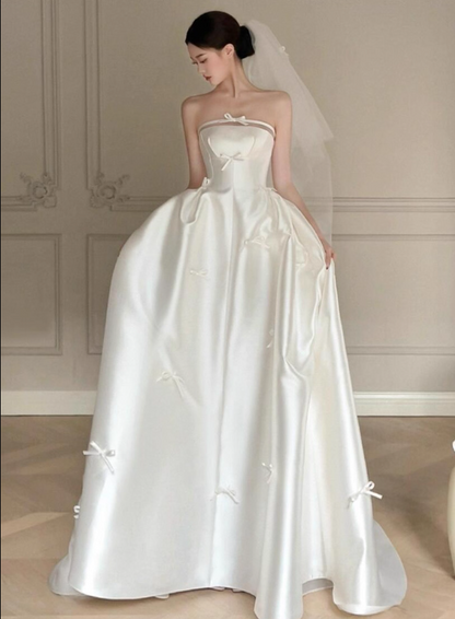 Romantic Mesh Splicing Satin Fabric Bridal Dress Strapless Bow-Knot Ornament Wedding Dress AP0855