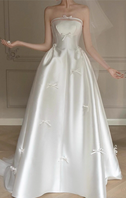 Romantic Mesh Splicing Satin Fabric Bridal Dress Strapless Bow-Knot Ornament Wedding Dress AP0855
