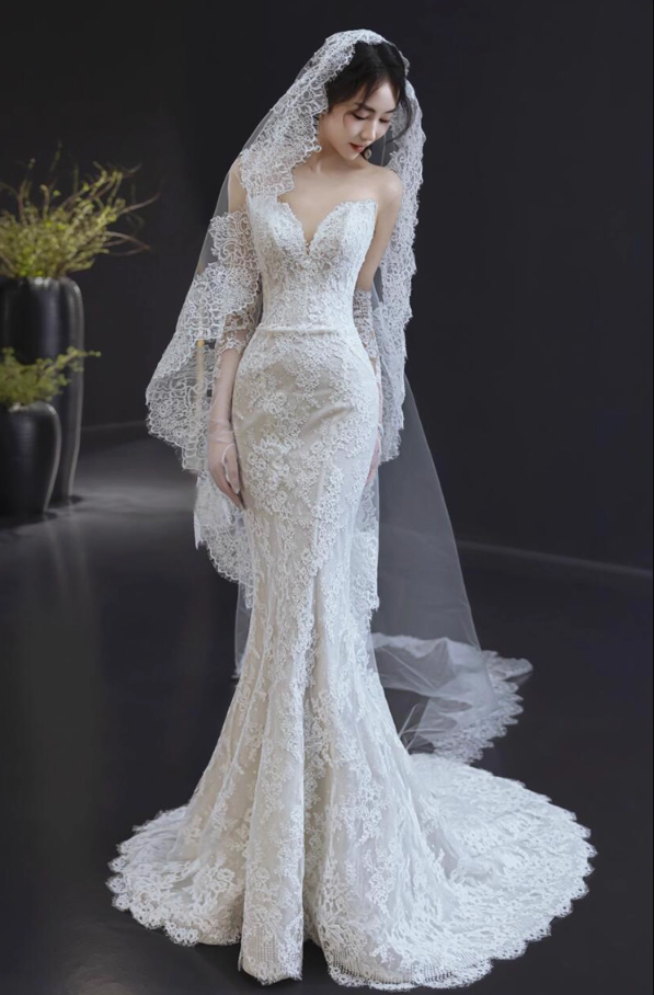 Timeless Applique Sheer Fabric Mermaid Dress Strapless Bodycon Wedding Dress AP0856