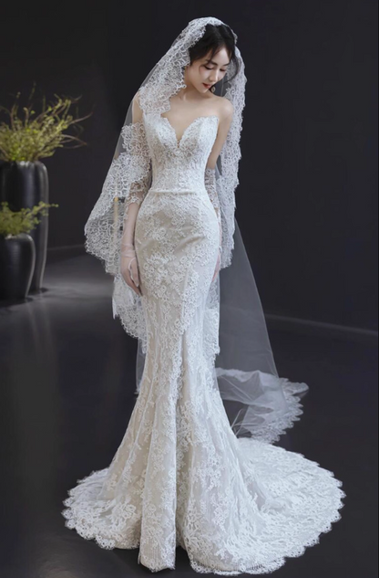 Timeless Applique Sheer Fabric Mermaid Dress Strapless Bodycon Wedding Dress AP0856