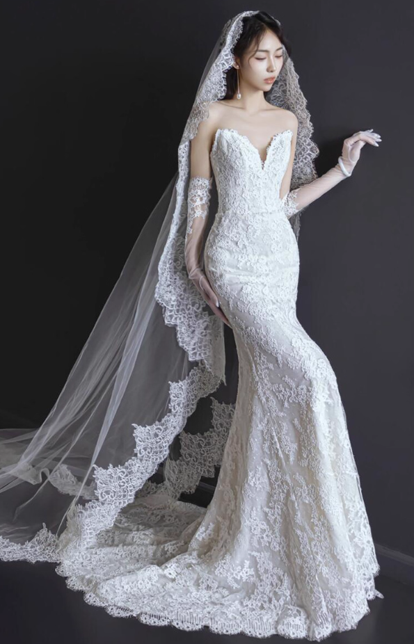 Timeless Applique Sheer Fabric Mermaid Dress Strapless Bodycon Wedding Dress AP0856