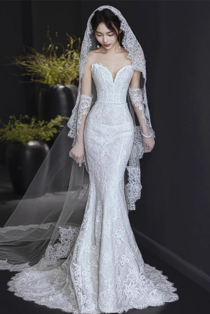 Timeless Applique Sheer Fabric Mermaid Dress Strapless Bodycon Wedding Dress AP0856