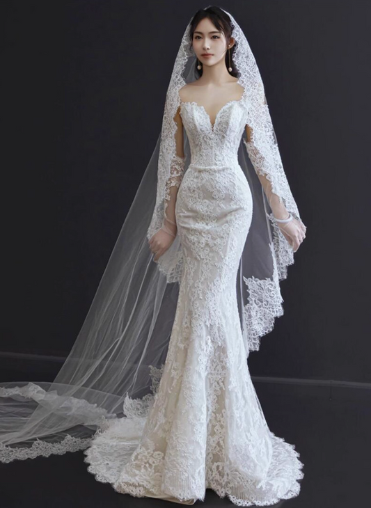 Timeless Applique Sheer Fabric Mermaid Dress Strapless Bodycon Wedding Dress AP0856