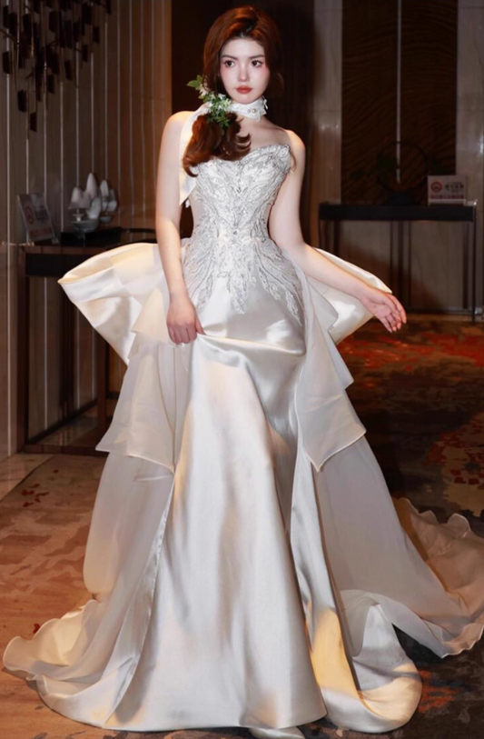 Timeless Applique Bodice Strapless Maxi Dress Asymmetric Hem Backless Bow-Knot Prom Dress AP0857