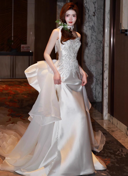 Timeless Applique Bodice Strapless Maxi Dress Asymmetric Hem Backless Bow-Knot Prom Dress AP0857