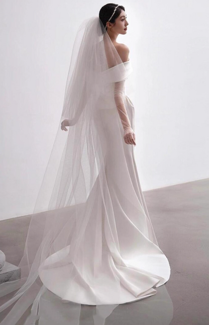 Glamorous Satin Fabric Sheer Sleeves Bridal Dress Off-Shoulder Strapless Wedding Dress AP0858