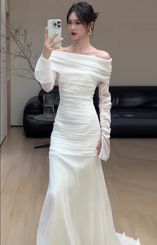 French Style Soft Fabric Long Sleeves Evening Dress Off-Shoulder Strapless Prom Dress AP0859