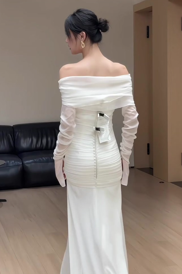 French Style Soft Fabric Long Sleeves Evening Dress Off-Shoulder Strapless Prom Dress AP0859