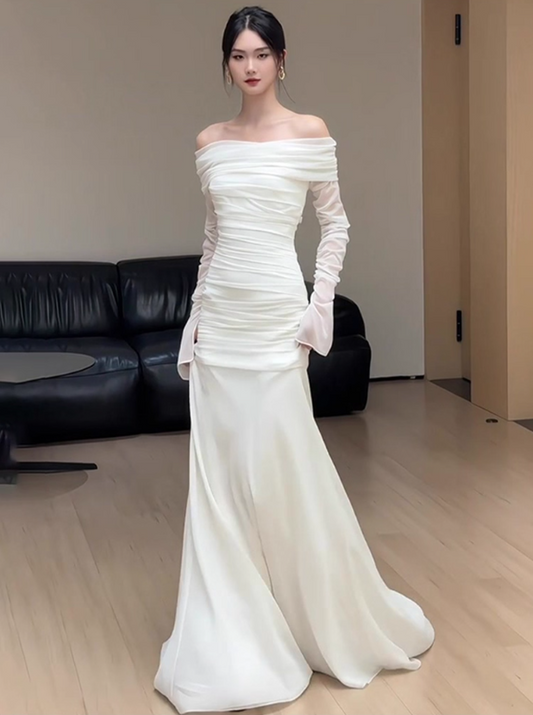 French Style Soft Fabric Long Sleeves Evening Dress Off-Shoulder Strapless Prom Dress AP0859