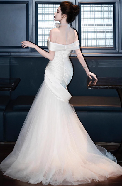 Lustrous Satin Fabric Minimalist Evening Mermaid Off-Shoulder Tulle Splicing Prom Dress AP0860