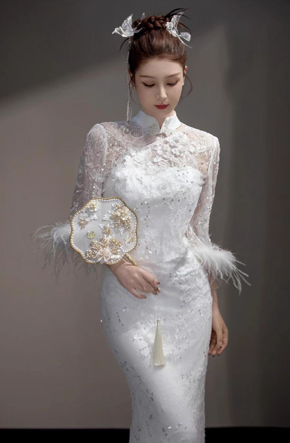 Oriental Jacquard Feather Delicate Embroidery Evening Dress Strapless Sequined Lace Prom Dress AP0861