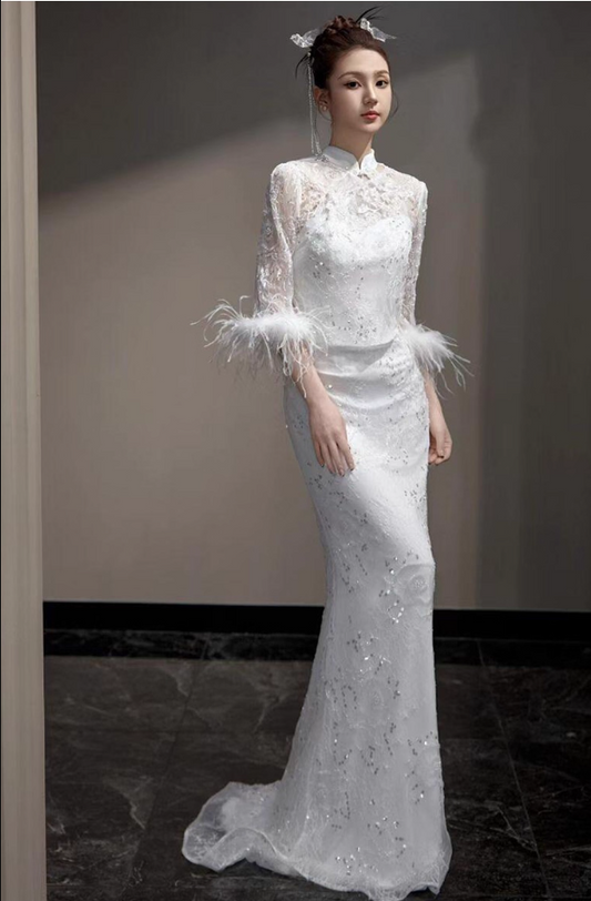 Oriental Jacquard Feather Delicate Embroidery Evening Dress Strapless Sequined Lace Prom Dress AP0861