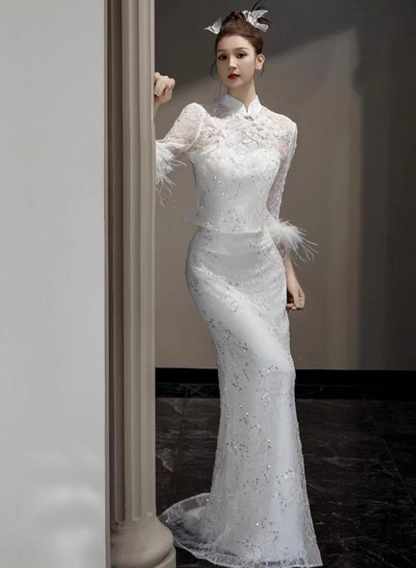 Oriental Jacquard Feather Delicate Embroidery Evening Dress Strapless Sequined Lace Prom Dress AP0861