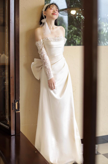 Graceful Lace Sheer Long Sleeves Evening Dress Off-Shoulder Satin Fabric Prom Dress AP0862