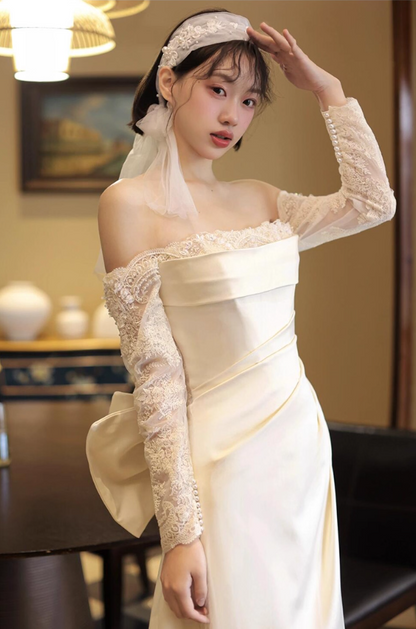 Graceful Lace Sheer Long Sleeves Evening Dress Off-Shoulder Satin Fabric Prom Dress AP0862