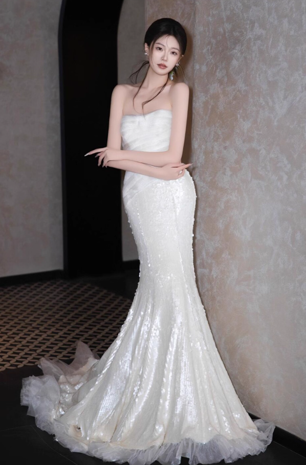 Stunning Ruffles Hem Gala Mermaid Gown Sequin Tulle Ruched Bodice Backless Prom Dress AP0863