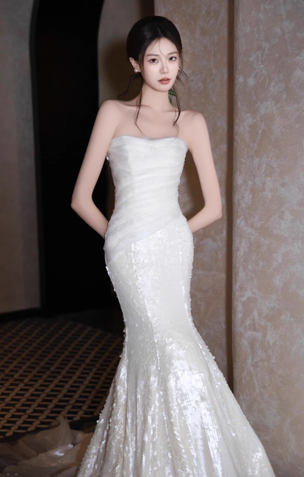 Stunning Ruffles Hem Gala Mermaid Gown Sequin Tulle Ruched Bodice Backless Prom Dress AP0863