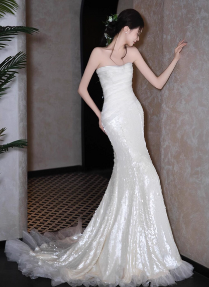 Stunning Ruffles Hem Gala Mermaid Gown Sequin Tulle Ruched Bodice Backless Prom Dress AP0863