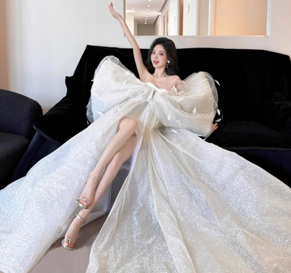 Exaggerated Sleeve Off-Shoulder Petal Detailing Gala Dress Glitter Fabric High-Slit Prom Dress AP0864