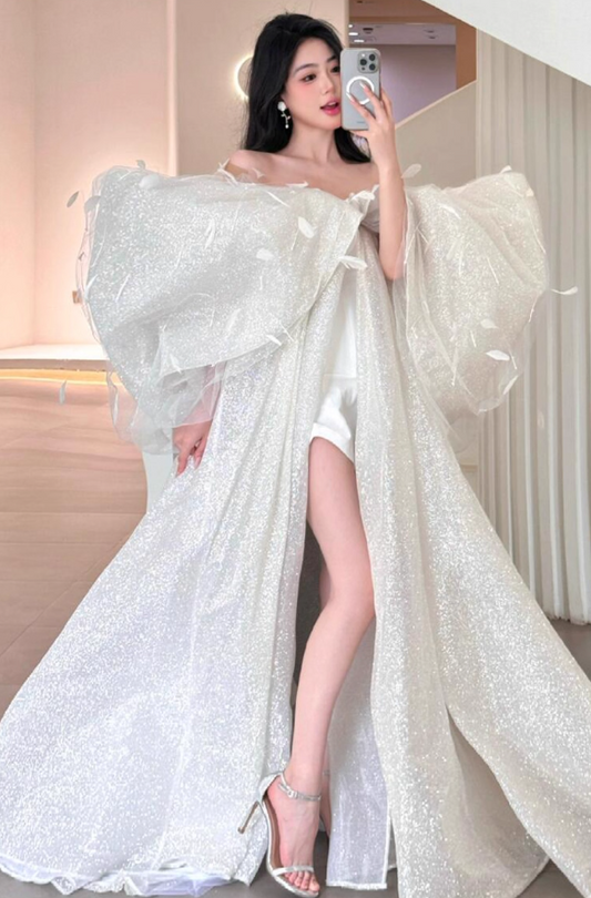 Exaggerated Sleeve Off-Shoulder Petal Detailing Gala Dress Glitter Fabric High-Slit Prom Dress AP0864