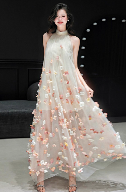 Multi-Colored 3D Floral Applique Evening Dress Sleeveless Sheer Tulle Overlayer Halter Prom Dress AP0865