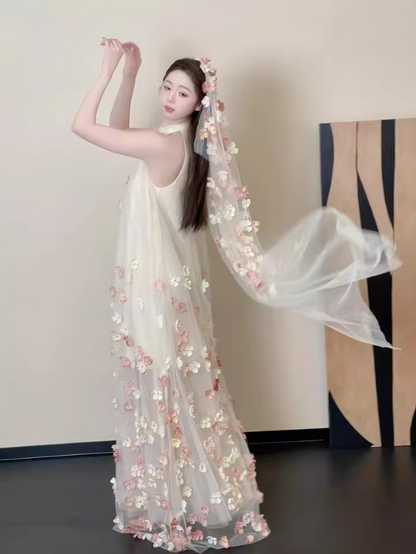 Multi-Colored 3D Floral Applique Evening Dress Sleeveless Sheer Tulle Overlayer Halter Prom Dress AP0865