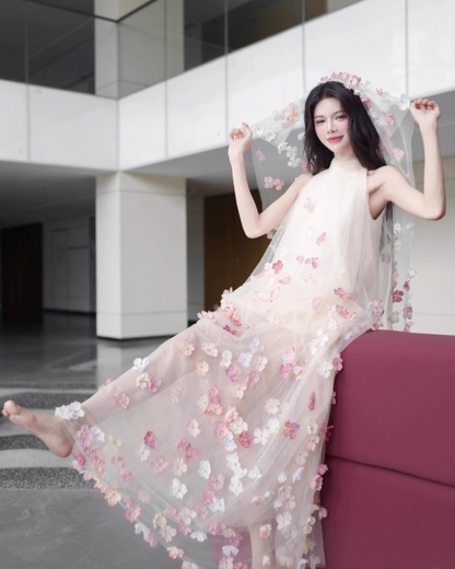 Multi-Colored 3D Floral Applique Evening Dress Sleeveless Sheer Tulle Overlayer Halter Prom Dress AP0865