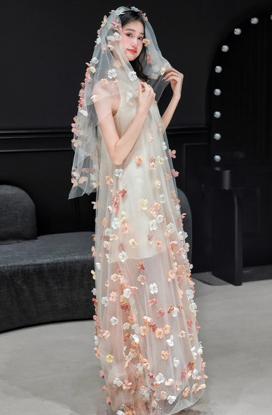 Multi-Colored 3D Floral Applique Evening Dress Sleeveless Sheer Tulle Overlayer Halter Prom Dress AP0865