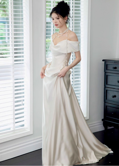 Minimalist Satin Fabric Asymmetric Neckline Bridal Dress Off-Shoulder Cinched-Waist Wedding Dress AP0866
