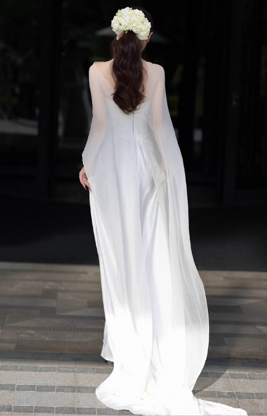 Elegant Jewel Neck Satin Bridal Dress Tulle Stole Sheath White Wedding Dress AP0867